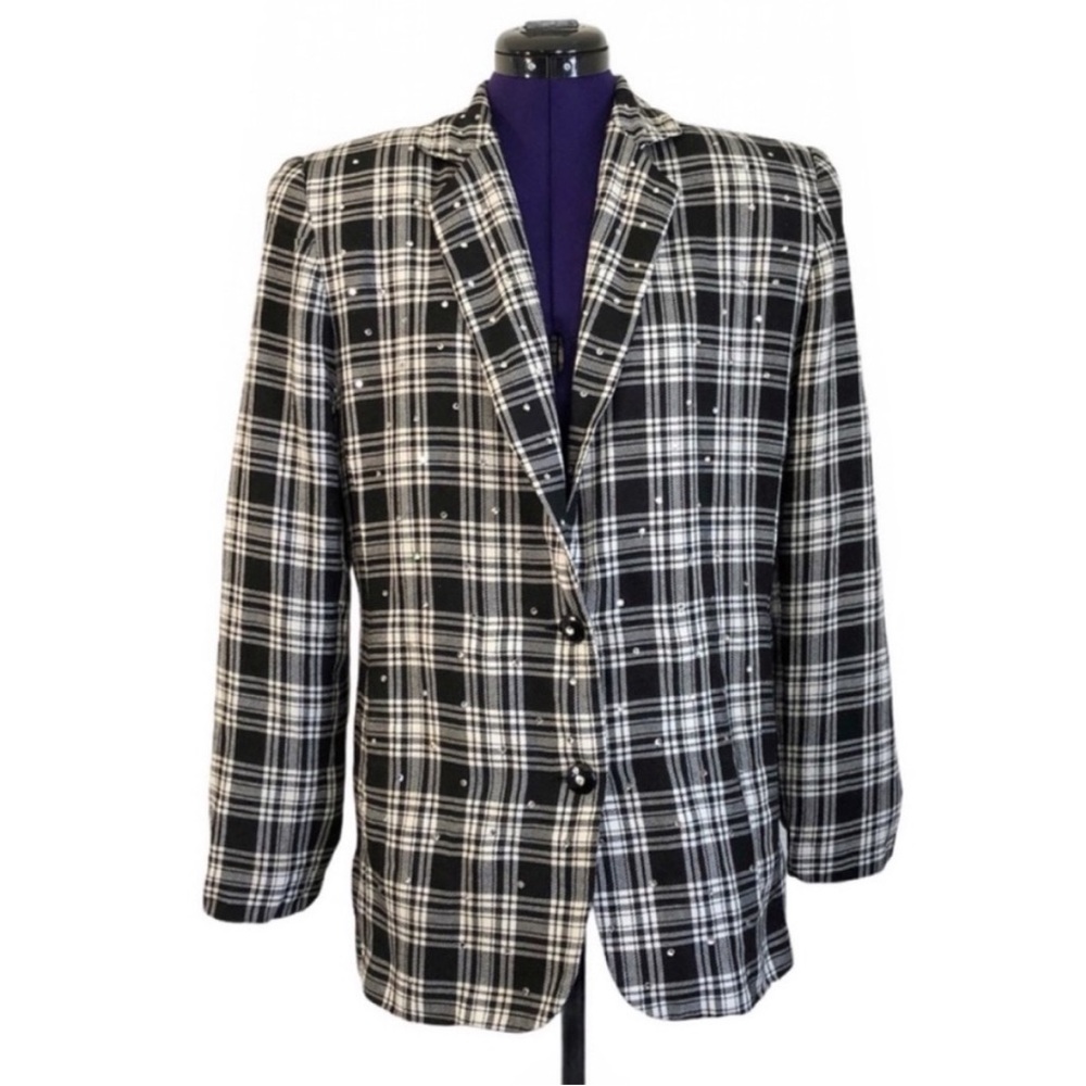 Vintage White Black Plaid Rhinestone Jacket